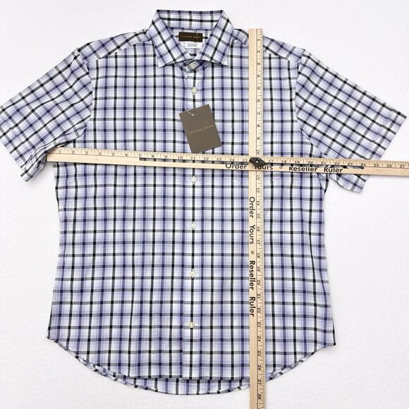 Thomas‎ Dean Short Sleeve Button Up Shirt Men’s Size Medium Purple Plaid Career - Picture 8 of 10